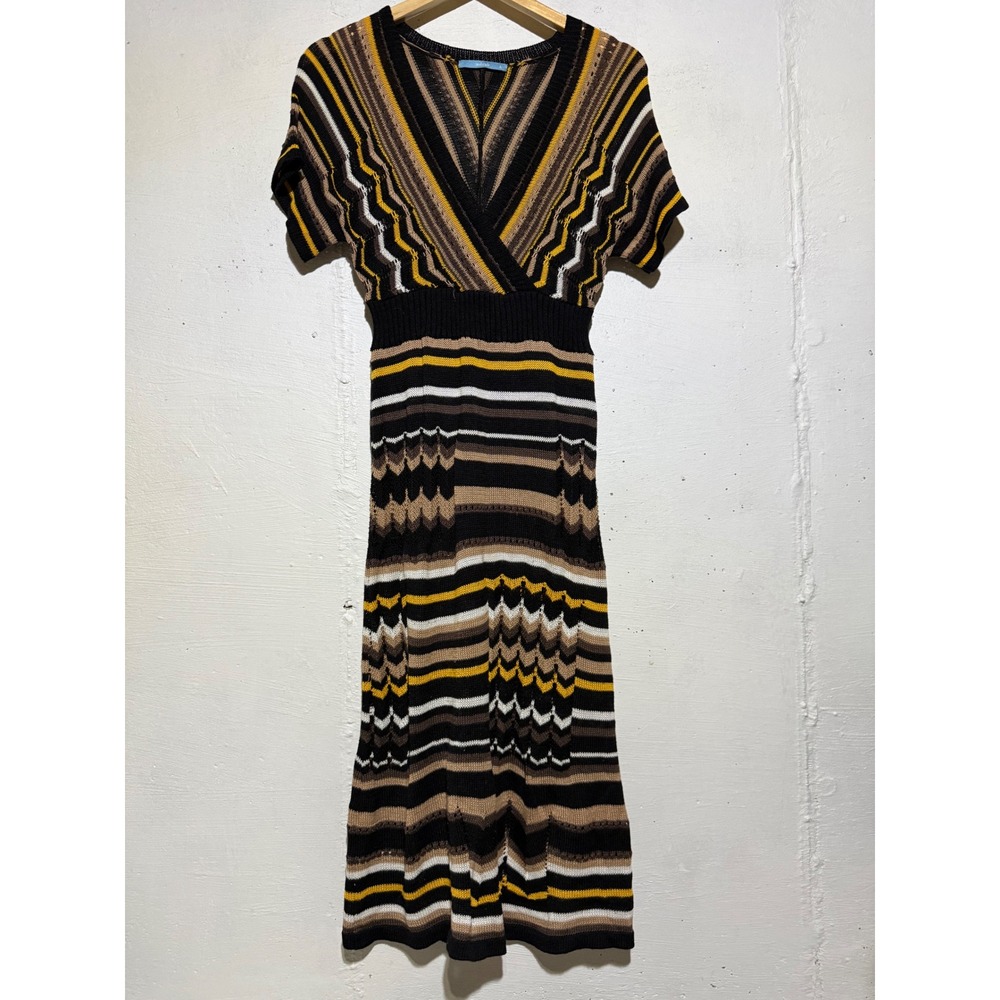 Whish Womens Chevron Stripe Knit Midi Dress L Brown Mustard Cotton Blend Boho